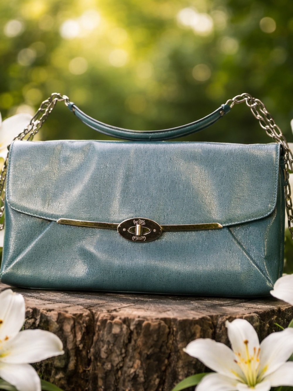 Coach Madison Teal Leather Chain Strap Shoulder Bag Clutch
